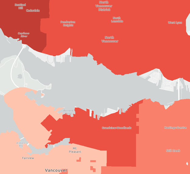 Here is a map showing _sensitivity_ to high heat across the same region. As you’ll see, some of the warmer areas have young and healthy populations, while some have older populations with more pre-existing health conditions.
