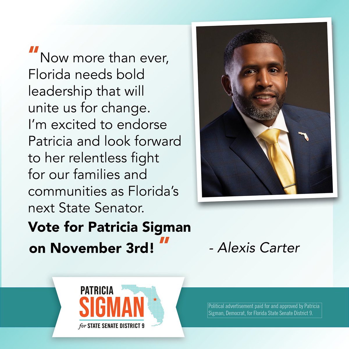 Alexis <a href="/CarterforFL/">Alexis Carter</a> is a strong and talented advocate dedicated to improving the lives of Floridians. I'm honored to have his support &amp; look forward to working with him on behalf of the people of #SD9. #UniteforChange #FlaPol