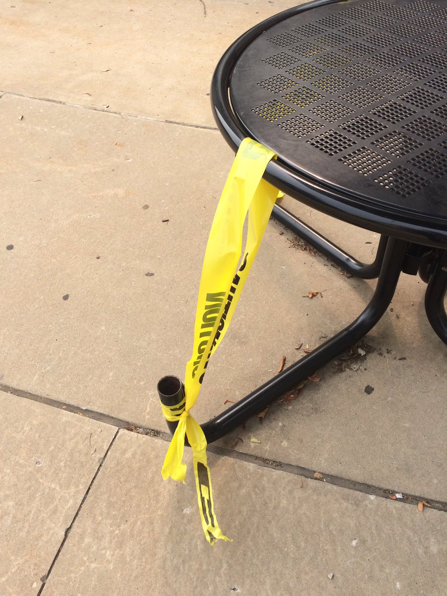 At Mizzou they’ve removed seats from outdoor tables for social distancing reasons. But they also felt the need to mark these with caution tape in case you might try to sit there. lol