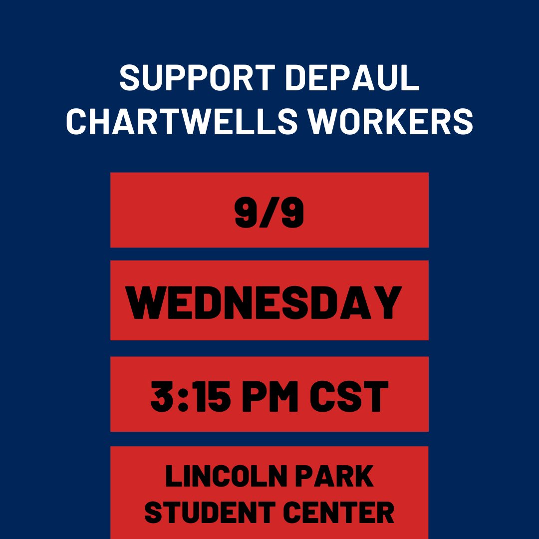 DepaulAlliance's tweet photo. ‼️ACTION ALERT ‼️

Join us tomorrow at 3:15pm to support DePaul Chartwells workers outside the Lincoln Park Student Center https://t.co/KLaq6q3Lrt