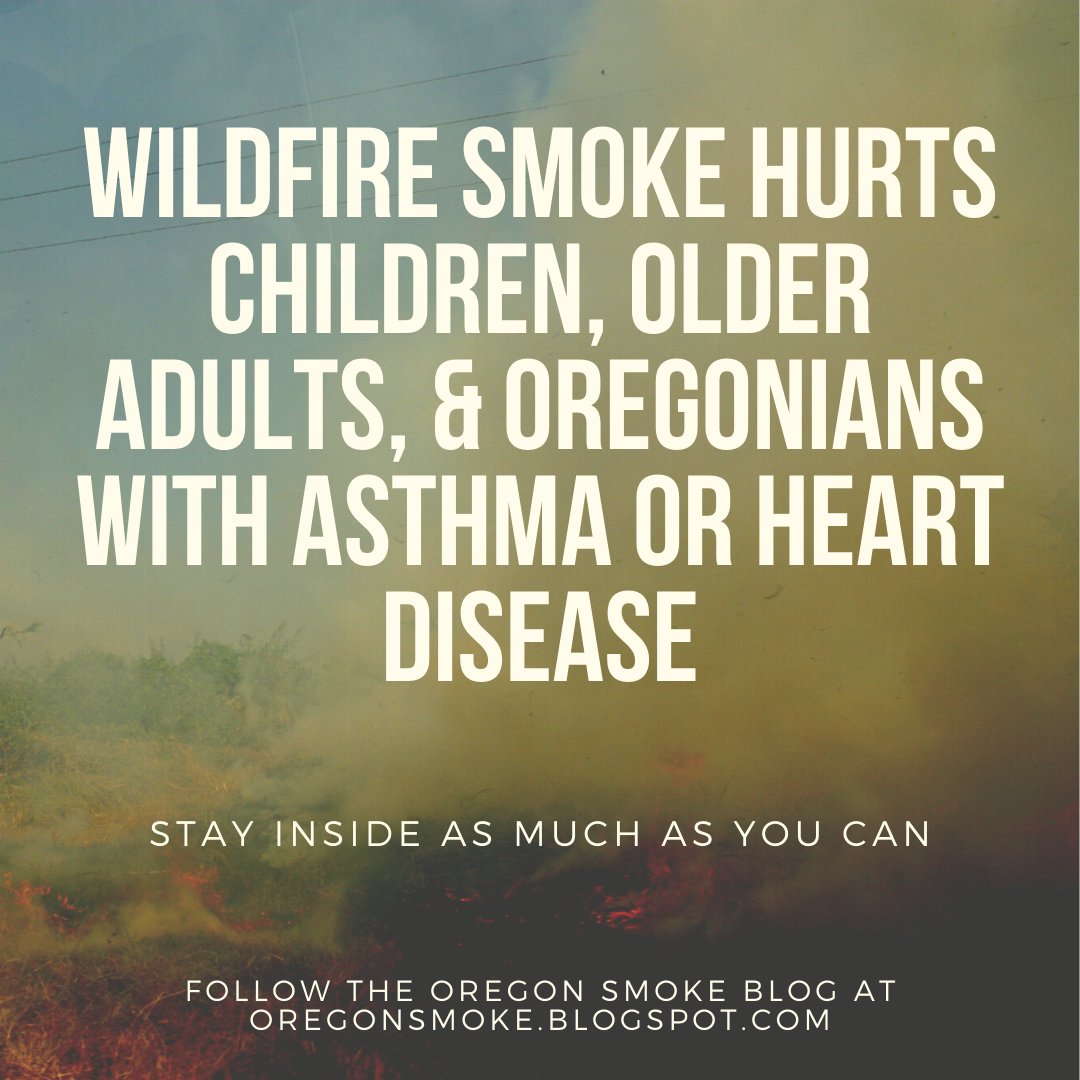Wildfire smoke hurts children, older adults, and Oregonians with asthma or heart disease. Stay indoors as much as you can. Visit oregonsmoke.blogspot.com for more info.