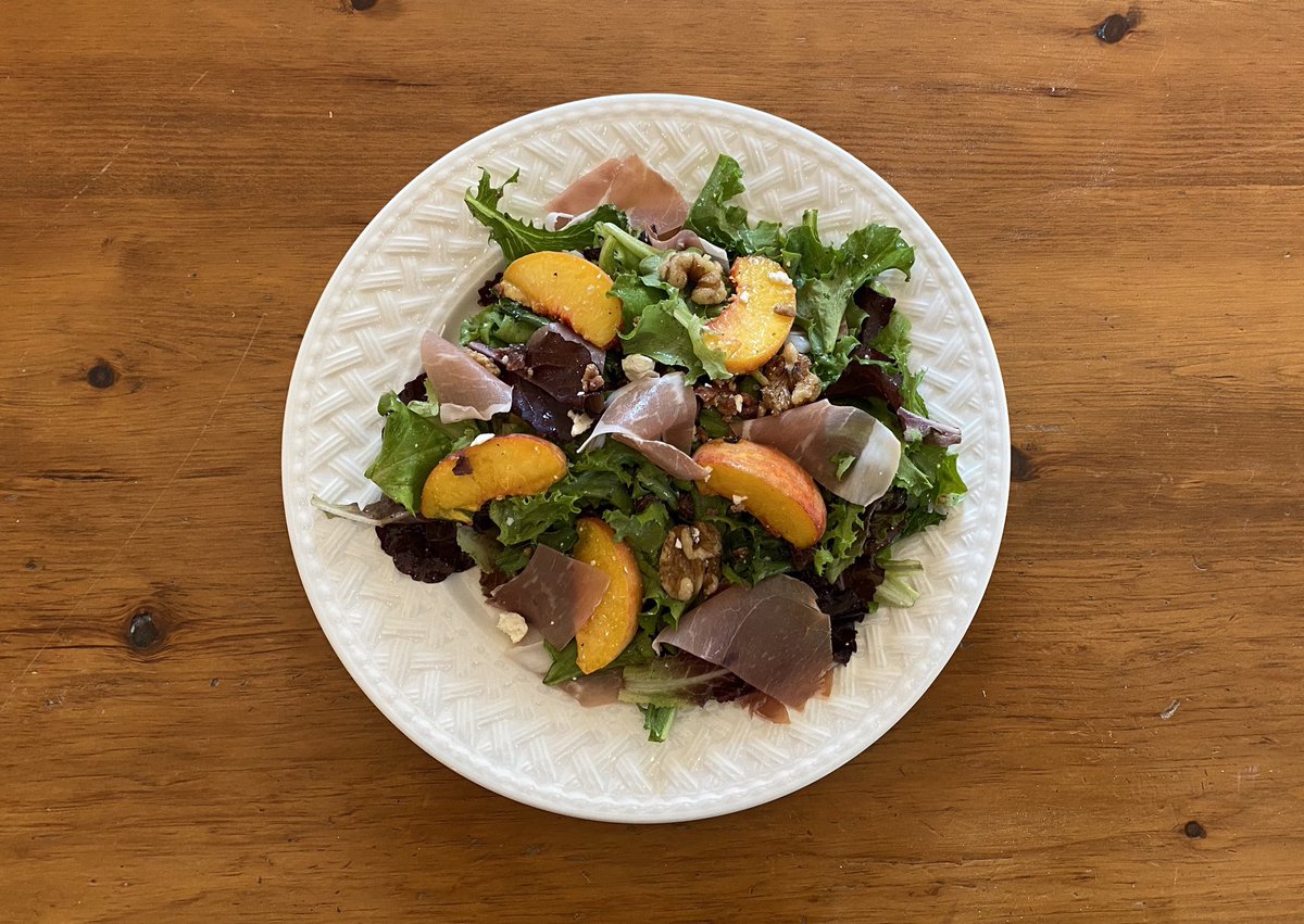Dinner: Arugula and kale salad with peaches, prosciutto, bacon bits, walnuts, feta and a lemon garlic dressing 