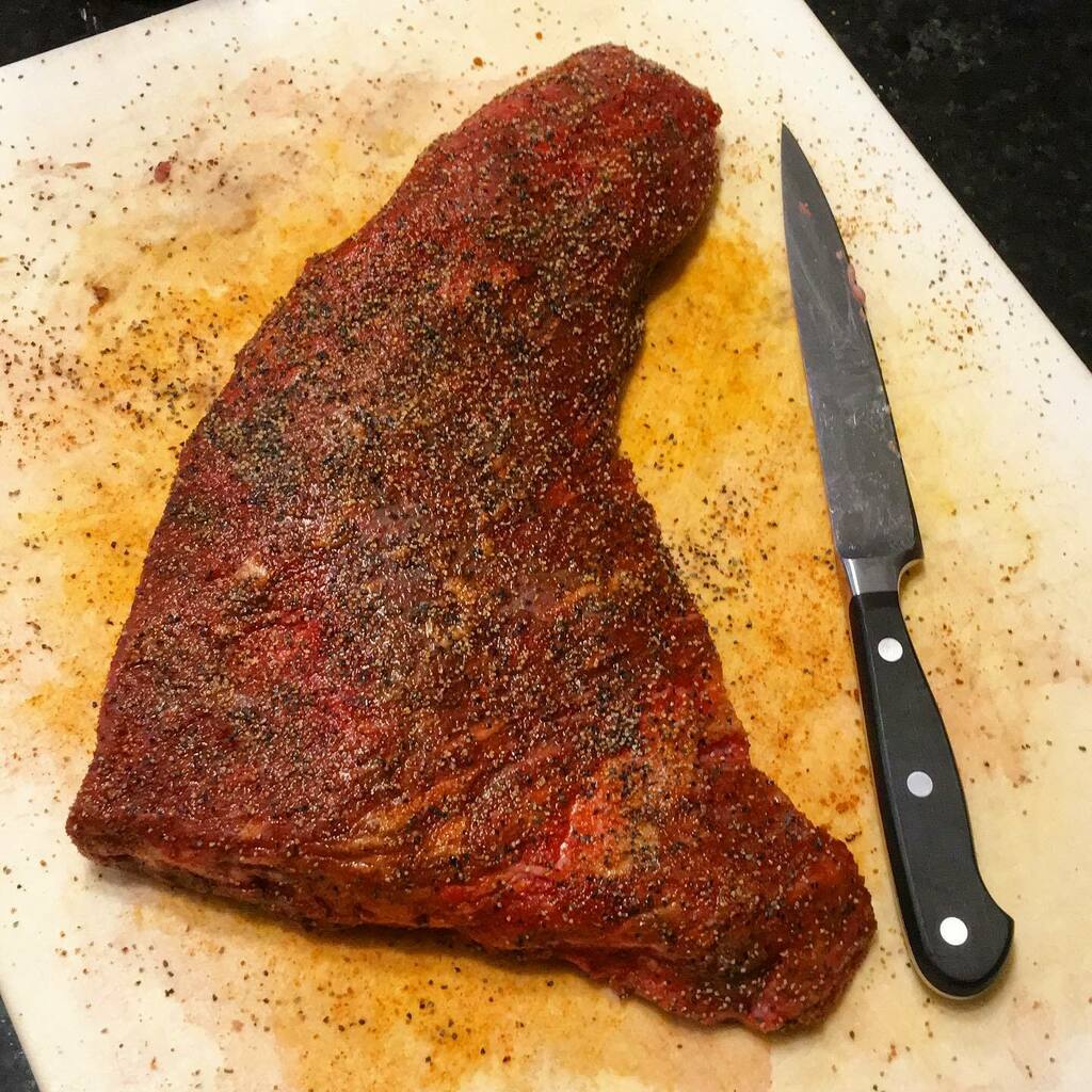 BurntFingerBBQ's tweet photo. Prepping an @e3meatco tri tip with our Bacon Rub and a thick layer of 16 mesh black pepper. This guy will get the reverse sear on our @cookshackinc #PG500. https://t.co/mm4nNkTLRN https://t.co/iQ2SDqXLzT