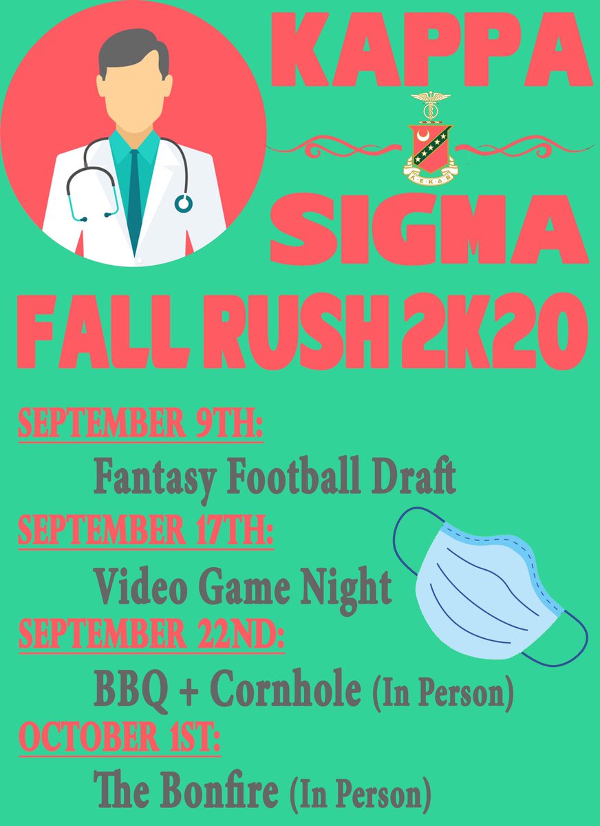 KappaSigmaTauMu's tweet photo. We are excited to announce that our first virtual rush event is tomorrow! We look forward to meeting new faces who are interested in the #1 fraternity in the world. Despite the circumstances, brotherhood will prevail! More information to come. #RushKappaSigma https://t.co/f4TtyAFjWq
