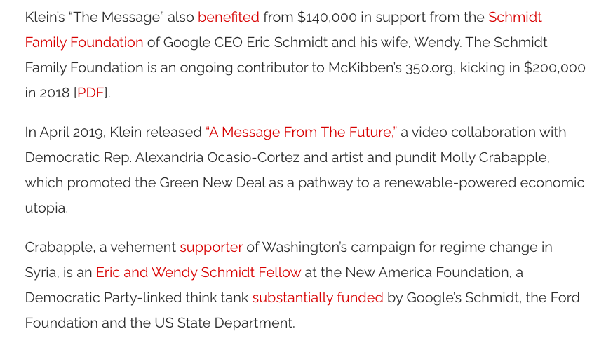 Google CEO Eric Schmidt is a major funder of "climate justice" orgs like  @350. And he sits on the Pentagon Innovation Board, as  @NaomiAKlein pointed out.But Schmidt's foundation has supported Klein, a  http://350.org  board member who condemned Planet of the Humans.