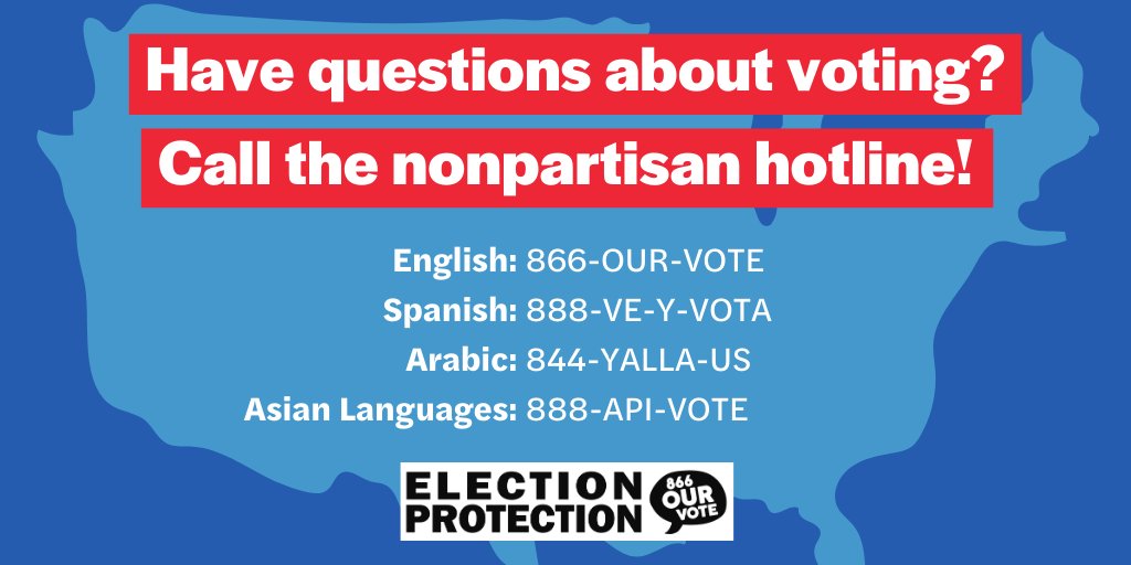 CommonCause's tweet photo. If you have trouble #voting today, call the #ElectionProtection hotline @866OURVOTE (866-687-8683). Language access hotlines are available. #NewHampshirePrimary #RhodeIslandPrimary https://t.co/DFSm8zjSmZ
