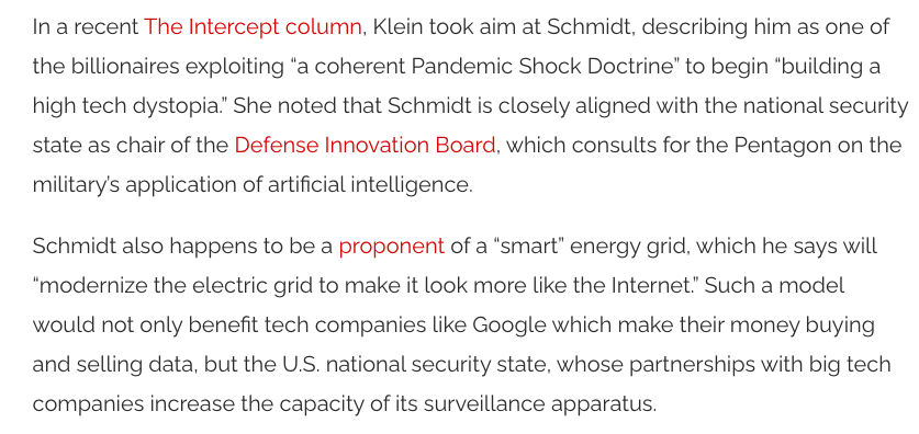 Google CEO Eric Schmidt is a major funder of "climate justice" orgs like  @350. And he sits on the Pentagon Innovation Board, as  @NaomiAKlein pointed out.But Schmidt's foundation has supported Klein, a  http://350.org  board member who condemned Planet of the Humans.