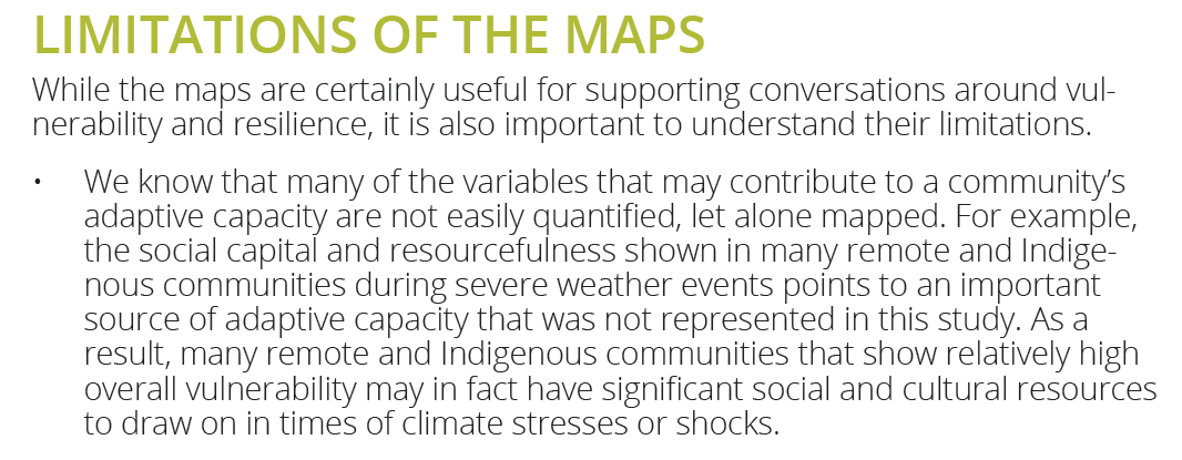 Important note before wrapping: the term “vulnerable” can be problematic when used as a summary characterization of a community, without considering structural factors that produce that health risk. As well, climate adaptation is complex, evolving and often community-specific.