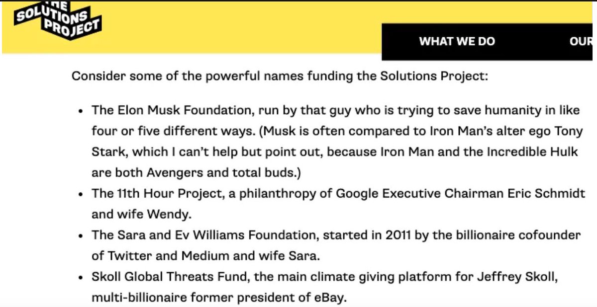 The Solutions Project, a Big Green public relations operation pushing for renewable energy, is sponsored by Google's Schmidt, eBay billionaire Jeffrey Skoll, and Tesla's Elon Musk.It describes Musk, who recently celebrated Bolivia's "lithium coup," as a modern day super-hero.