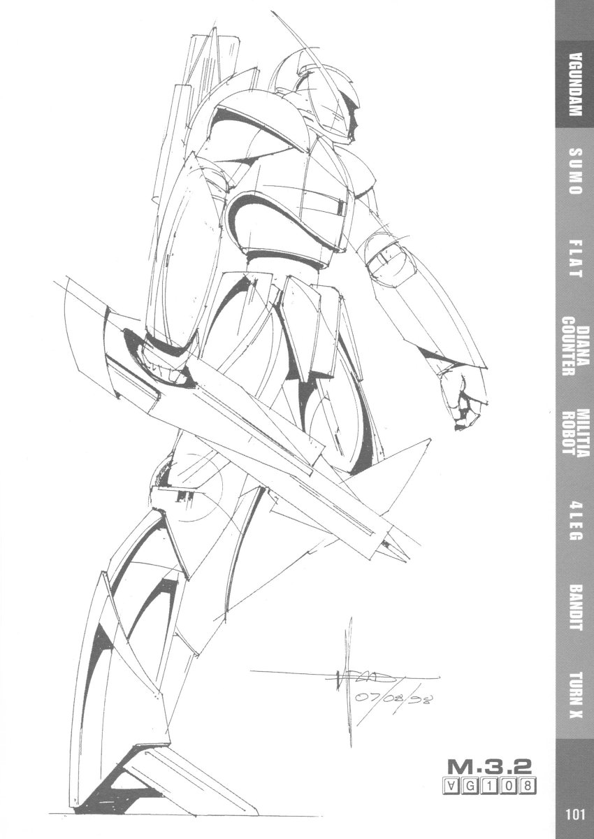 Syd Mead's 2nd & 3rd presentations of the "M" series. The curvature is pronounced and the head more closely resembles the final design. Weapons systems and arm/shoulder details are also examined.