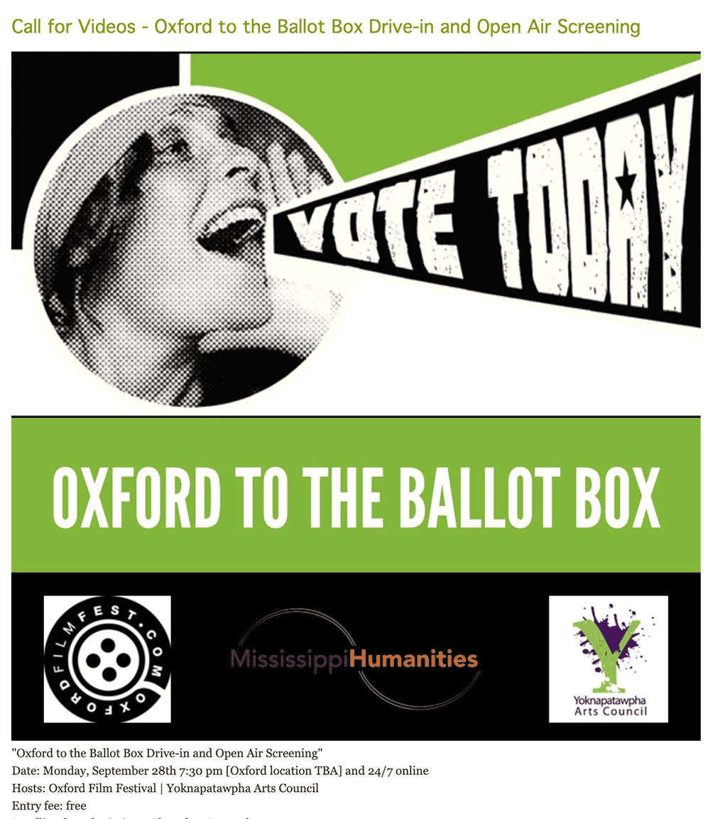 AmericanVision5's tweet photo. Call for participation! Make your voice heard!
September 28 7 pm Oxford MS Drive-in screening + 24/7 online streaming.
https://t.co/N2n76JBrpS
Thanks #YACoxfordarts #oxfordfilmfest #MSHumanities https://t.co/2IKLl7rE79