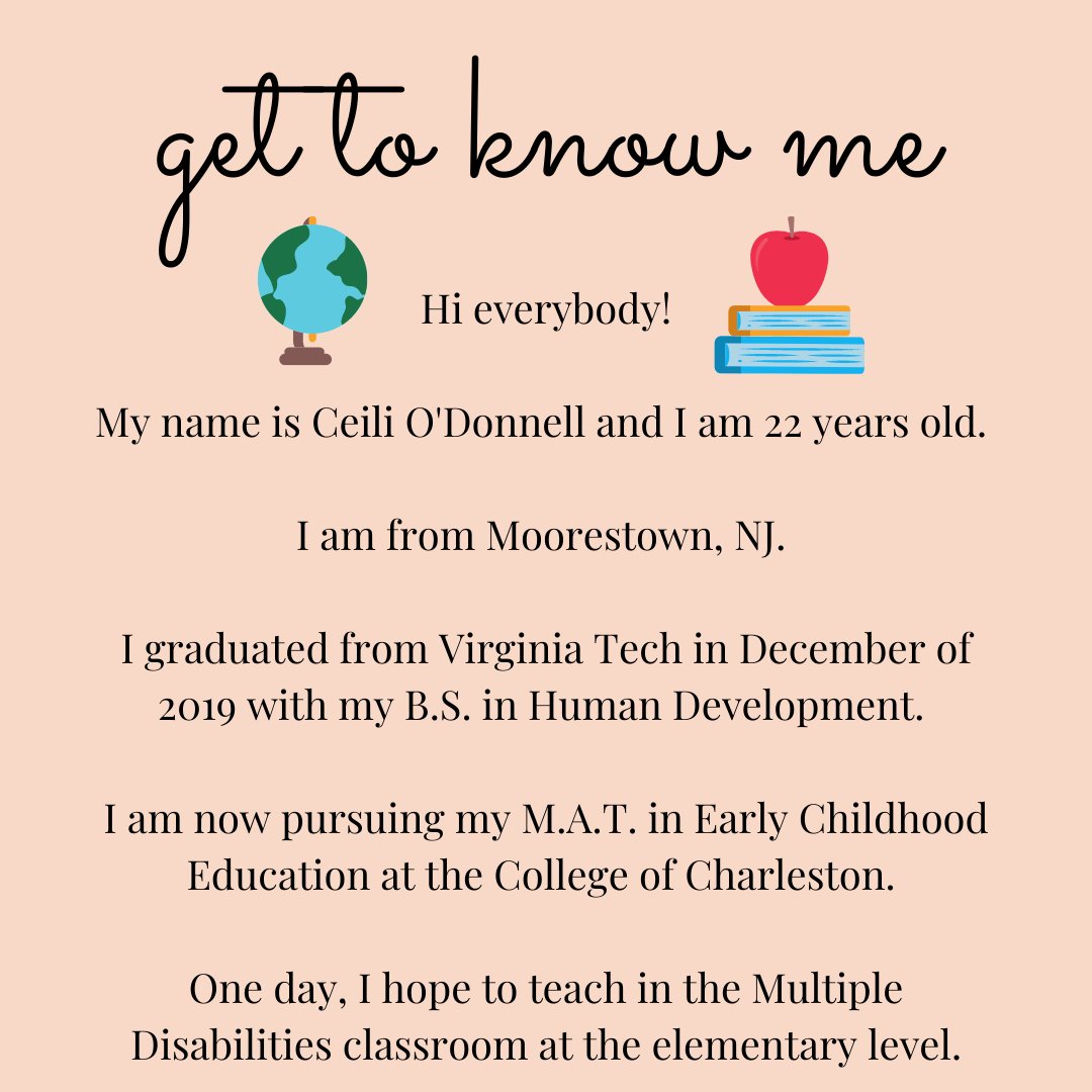 ceili_odonnell's tweet photo. Hi everybody! I am so excited to be joining the Twitter community to expand my network of superstar teachers! Here is a little bit about me! 🍎👩🏻‍🏫🌟 #cofcpstpln #pstpln @drn_cofc @CofCFellows https://t.co/7qmjtevo8e