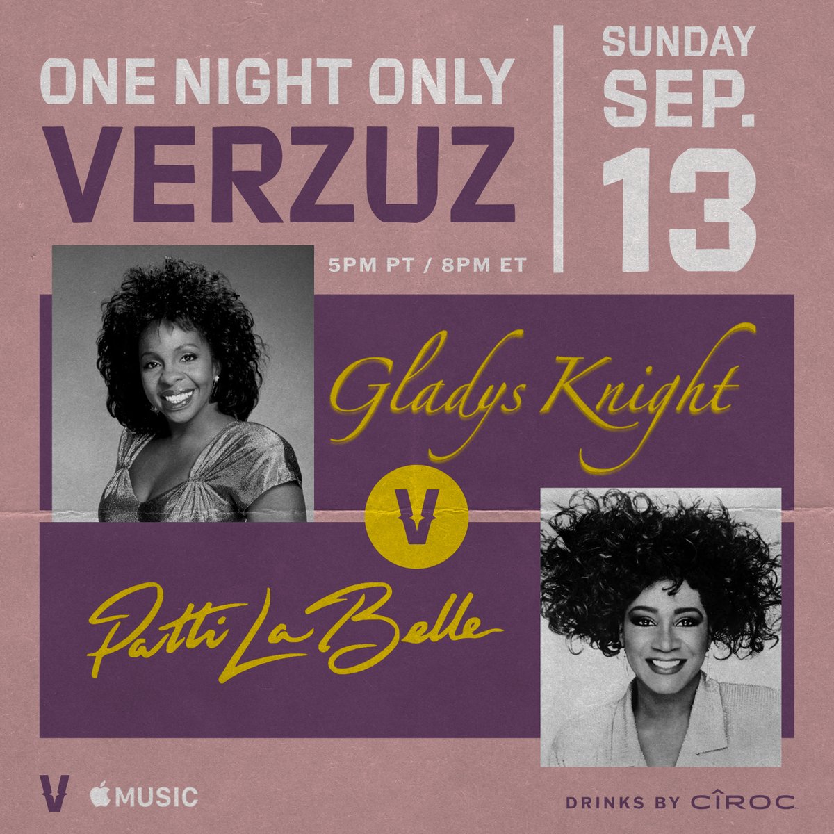The Master Class we’ve ALL been waiting for! 
<a href="/MsGladysKnight/">Gladys Knight</a> vs. <a href="/MsPattiPatti/">Patti LaBelle</a> 🔥 This Sunday at 5PM PT/8PM ET.

Y’all gotta get dressed up in ya Sunday’s best for this classic affair.

Watch it on our IG or in HD on <a href="/AppleMusic/">Apple Music</a>.
Drinks by <a href="/Ciroc/">CÎROC Official</a>.