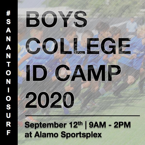 SanAntonioSurf's tweet photo. BOYS COLLEGE ID CAMP🚨 

Come be trained by some of the top colleges in the state of Texas from various divisions. More schools to come!!
.
.
Register at: https://t.co/QPi2ch5cxQ https://t.co/SF42q7uijA