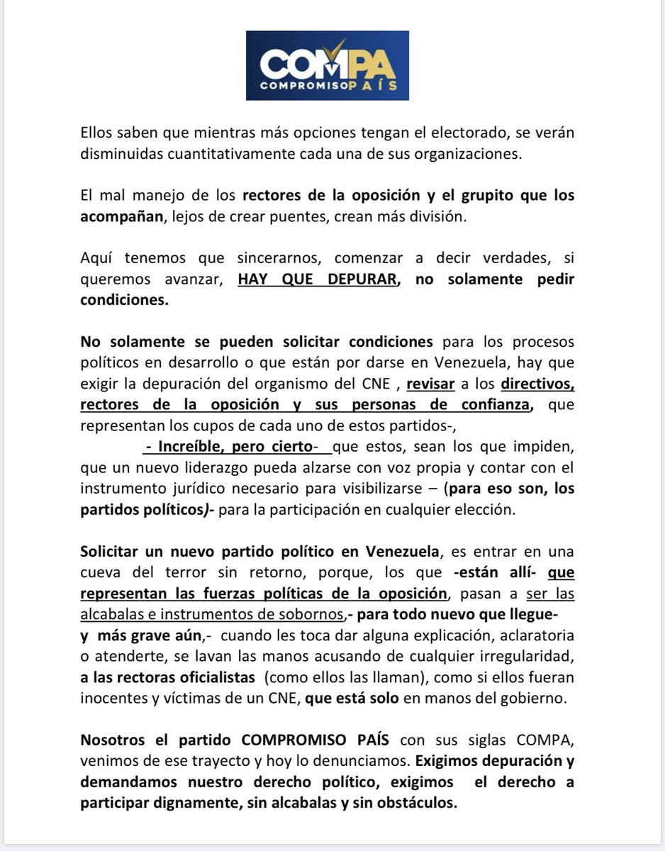CompromisopaisC's tweet photo. Para que Venezuela sepa ... “la oposición “ dentro del CNE es quien obstaculiza a los partidos frescos de base . Órdenes de la nueva cúpula opositora . #CNE #vtv #cnnenespanol #dw #nyt #bloomberg#lapatilla #caraotadigital #talcualdigital #ad #copei #primerojusticia #aporrea https://t.co/H2hHpU9Y83