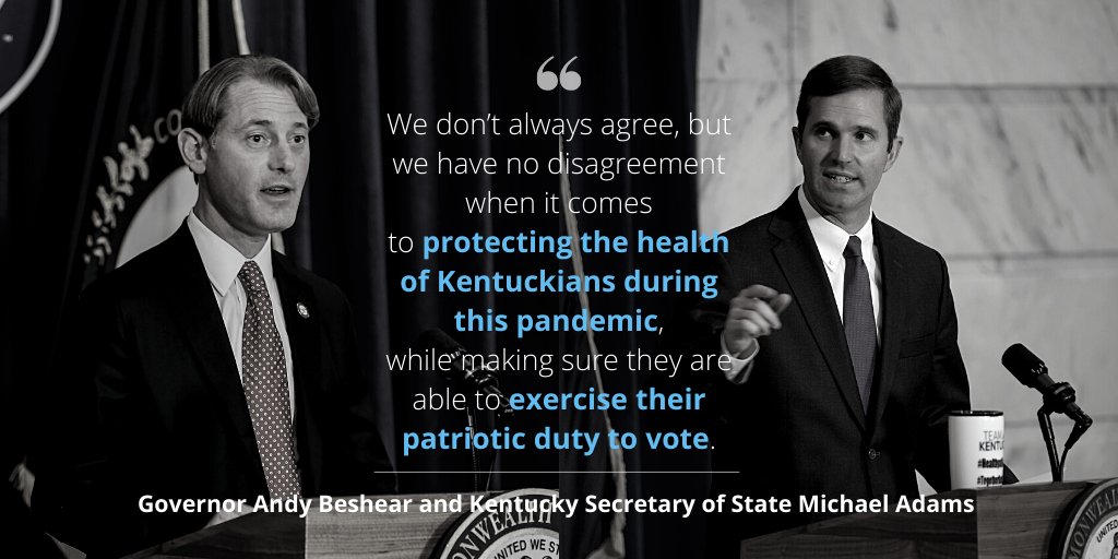 GovAndyBeshear's tweet photo. .@KySecofState and I have worked together to create a bipartisan plan for Kentuckians to safely make their voice heard in the general election. Register to vote at https://t.co/AZn6fg9naA, &amp; visit https://t.co/yG5MkE4YVA to request your ballot if you have concerns about #COVID19. https://t.co/wspj9TXQnM