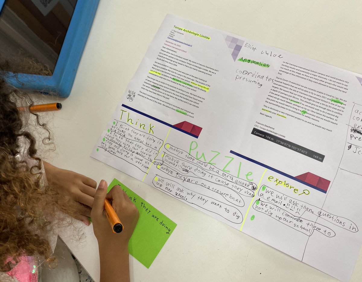 MattCromwellPYP's tweet photo. G3 using the #visiblethinking routine of #thinkpuzzleexplore to closely examine a mysterious new text/proposition. What do we think is the big idea of the text? What puzzles us about the text? What does the text make us want to explore/do now? #provocation #WWAIPAT #ibpyp #vislao https://t.co/YQ0zdAmLfw