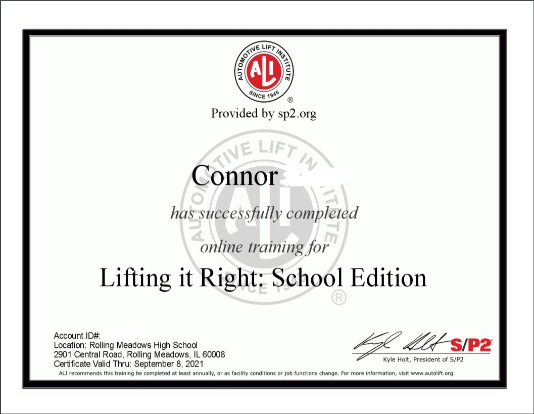 Congratulations to Joseph and Connor for being the first two students to complete their <a href="/SP2Training/">S/P2</a> today and Connor also got his <a href="/LiftInstitute/">Automotive Lift Institute (ALI)</a> training done as well! Getting ready to get back in the shop.