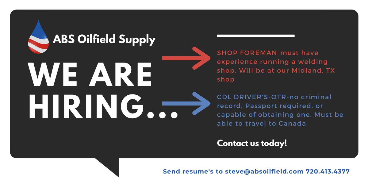 ABSoilfield's tweet photo. We are hiring! Shoot your resume over to steve@absoilfield.com https://t.co/MUi4tF08A6
