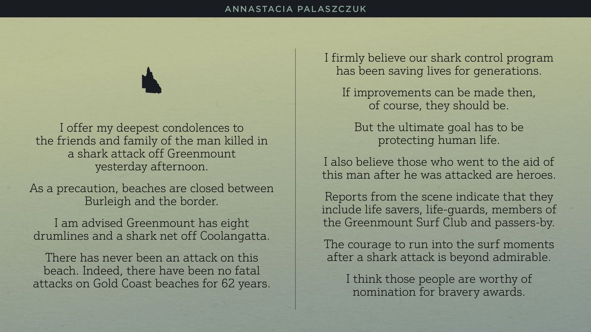 I offer my deepest condolences to the friends and family of the man killed in a shark attack off Greenmount yesterday afternoon.