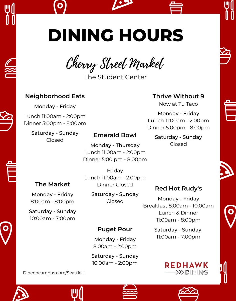 redhawkdining's tweet photo. Hi Redhawks 👋
Happy almost first day of school! See below for our current hours of operation 👀. Let us know if you have any meal plan or foodie questions ?! https://t.co/6mkg1Pnt0P