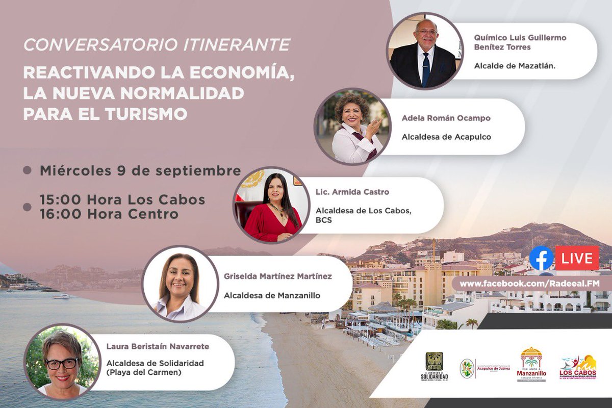 jurielcabrera's tweet photo. ¡En Los Cabos estamos reactivando el turismo!

Acompáñanos mañana en el Conversatorio “Reactivando la economía,la nueva normalidad para el turismo”en donde la Alcaldesa @jArmidaCastro y Alcaldes de otros destinos turísticos,nos compartirán las mejores formas de motivar el turismo https://t.co/C8BX5JWDaH