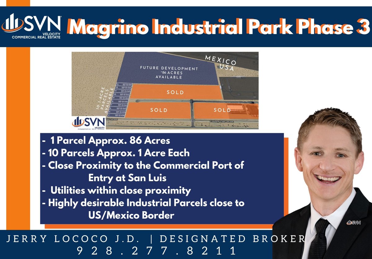 🔥 GREAT DEVELOPMENT OPPORTUNITY CLOSE TO US/MEXICO BORDER 👍🏻🔥

For more info:
yumacre.com/properties/

ADDITIONAL CONTACT INFO:
📲Phone: (928) 919-6544
📩Email: jerry.lococo@svn.com
💻 Website: YumaCRE.com
📱Facebook: facebook.com/YumaInvestment

#YumaCRE #yuma