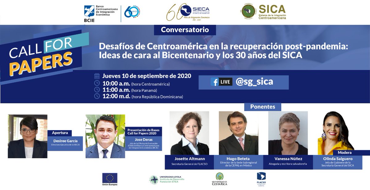 sg_sica's tweet photo. Participa en el conversatorio➡️"Desafíos de #Centroamérica en la recuperación post-pandemia: ideas de cara al Bicentenario y los 30 años del #SICA" y conoce más sobre #CallForPapers2020📄🌎

📲Transmisión por Facebook Live de la Secretaría General del #SICA
📅10 de SEPT - 10 AM https://t.co/vuYMENcfNu