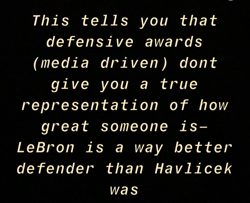 All-Def Teams: 63rd among SFs (Havlicek is #2)Let’s look at some metrics from 07-08 before he made his 1st DEF team20074th in DefWS6th in DBPM12th in STLS (10th in SPG)PlayoffsLed in-STLS/DefWSDBPM: 9thOpponent ORtg w/LBJ ON: 98.9w/LBJ OFF: 112.9Difference: -14.0