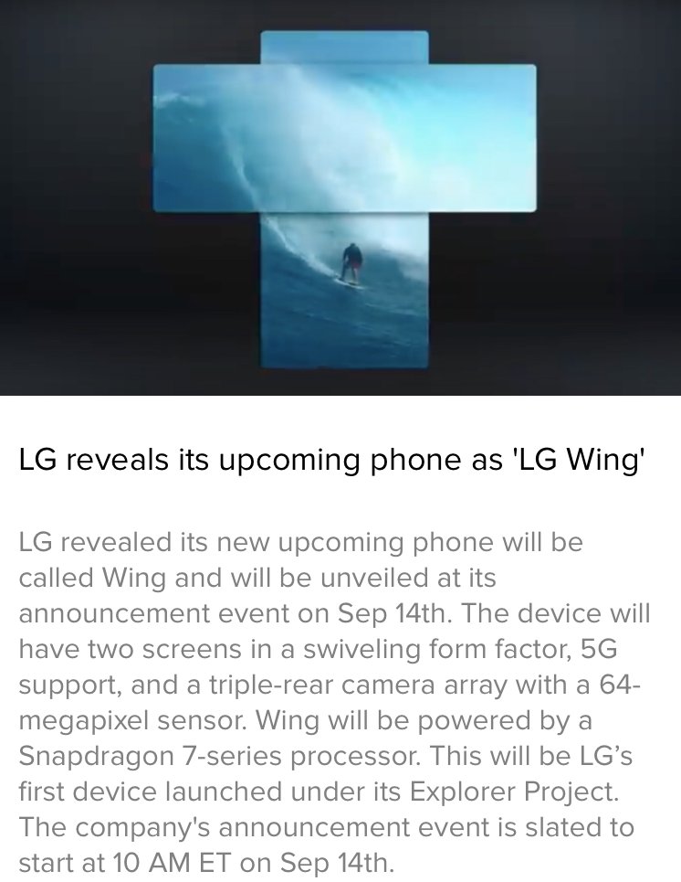 📱 LG reveals its upcoming phone as 'LG Wing'

Save your time by reading/listening such short news. 🗞️🎧  Download the popular TidBeats app 🚀@ tidbeats.org

#LG #Wing #LGWing #smartphones #dualscreen #mobile #innovation #Android #tech #technews