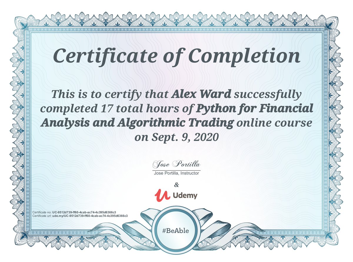 import_alexward's tweet photo. #100DaysOfCode Day 91:

Finished my python for algo trading course! 🥳🥳🐍 https://t.co/E3eN8sK5oo