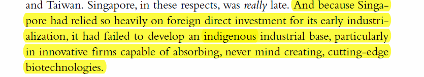 Ironically, that backfired. Attracting giant foreign companies crowded out indigenous innovation. An argument that echoes  @lingchenjhu study of Suzhou in Manipulating Globalization Suzhou copied the Singapore model, and thus replicated its strengths and weaknesses