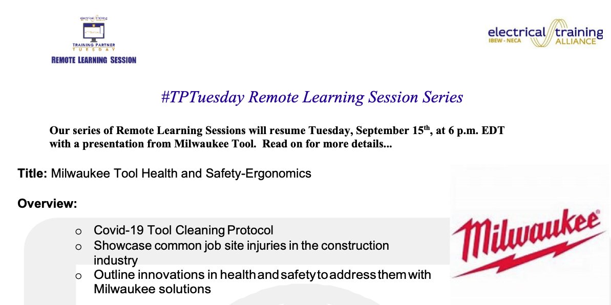 IBEWNECAetA's tweet photo. We are looking forward to our #TPTuesdayRemoteLearningSession on Tuesday, 9/15, with @MilwaukeeTool. More details, including registration information, can be found in the memo sent today. See you soon! #TPTuesday #etATraining https://t.co/I38mVbQLrJ