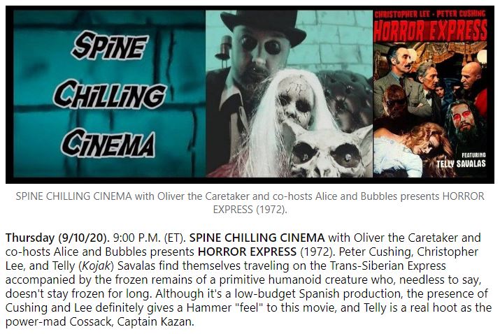 CaretakerFiend's tweet photo. Tune in Thursday 9pm est https://t.co/h6fIb5aNTL on The Vortexx !! #thevortexx #spinechillingcinema #horrorhost #wisconsinhorror #horrorexpress #Sluggo #horror #latenighttv #PeterCushing #ChristopherLee #scary https://t.co/lyvND8Z0KX