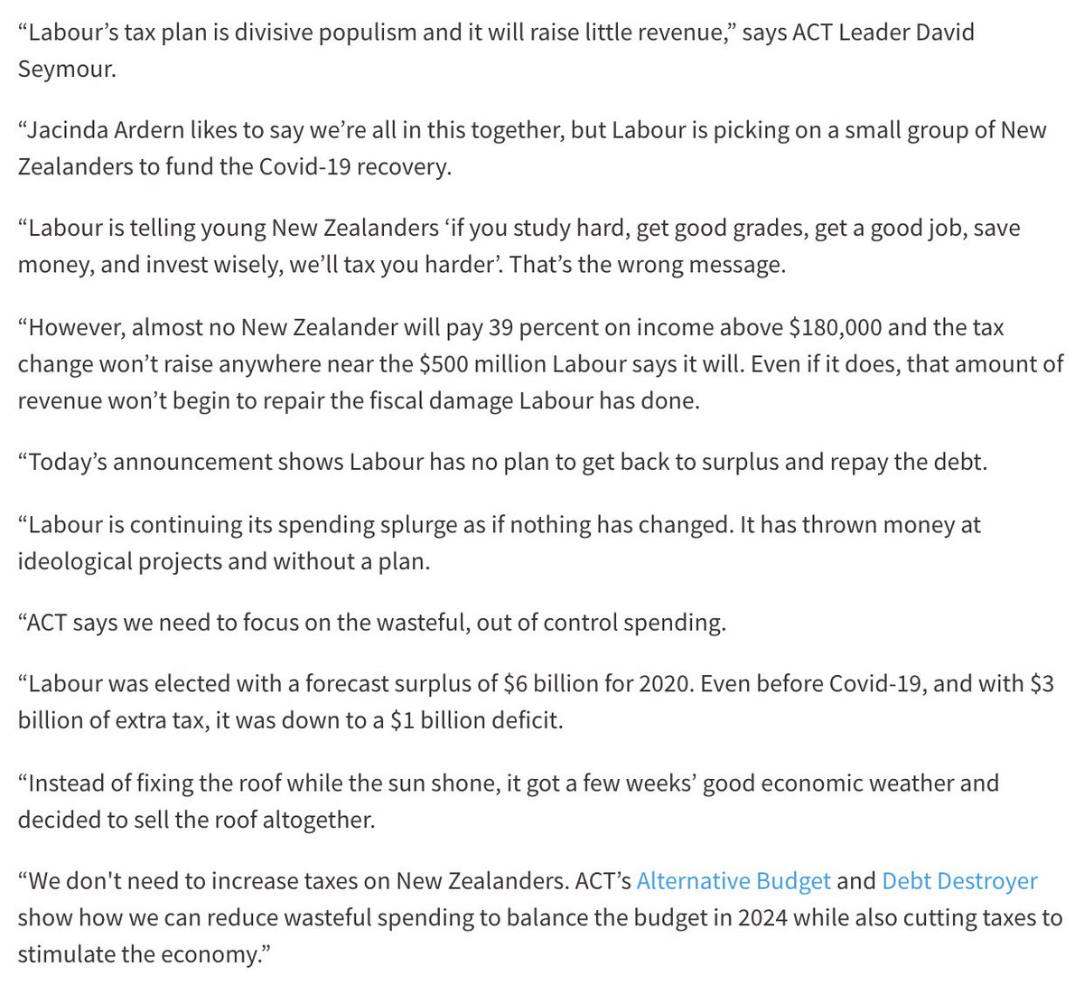 dbseymour's tweet photo. Labour’s tax plan is divisive populism and it will raise little revenue. It’s telling young New Zealanders ‘if you study hard, get good grades, get a good job, save money, and invest wisely, we’ll tax you harder’. That’s the wrong message. https://t.co/RQVZsBD4qC
