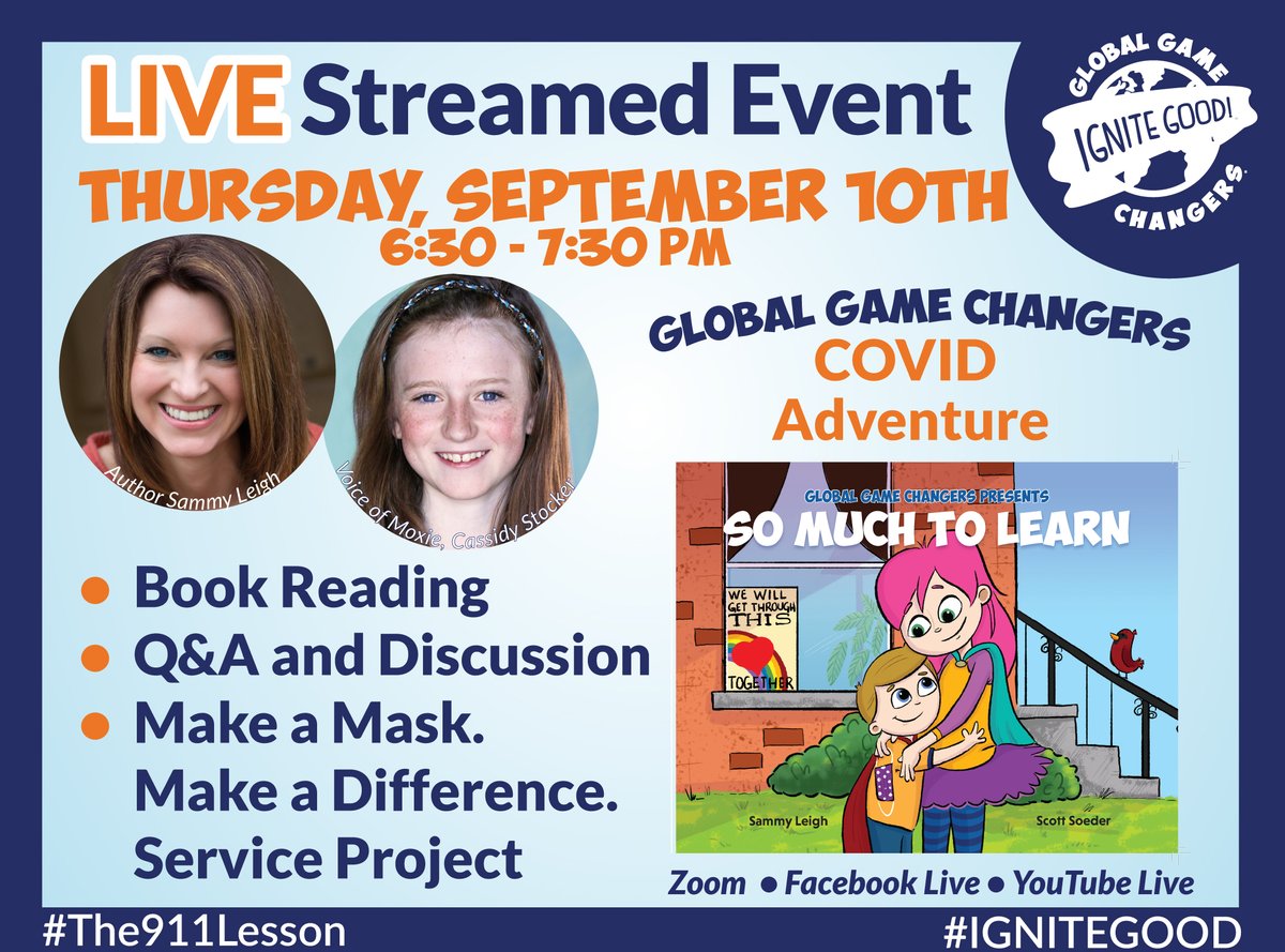 SammyLeighBooks's tweet photo. Join me and the voice of Moxie for a live FB event on Thursday 9/10 at 6:30 pm EST! Led by @GlobalGameChgrs, we will unite to talk about how even the smallest among us can make big changes during the #coronavirus #pandemic.

#picturebook #WritingCommunity https://t.co/mtTygdE5rm