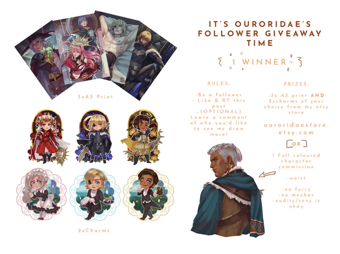 I've reached another milestone so I am doing a giveaway/art raffle. Ends 16 Sep 12am UTC [1/2]

1 winner

Rules:
-Be a follower
-Like &amp; RT this

Prizes
- 3xA3 Print &amp; 2x Charms of your choice that are available from my store on etsy
OR
- 1 full color waist character commission 