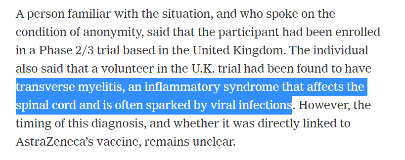 AndyBiotech's tweet image. #COVID19 So according to NYTimes, the serious adverse event that caused the clinical hold in $AZN/Oxford vaccine trial is transverse myelitis, an inflammation of the spinal cord that may cause varying degree of neural injuries.