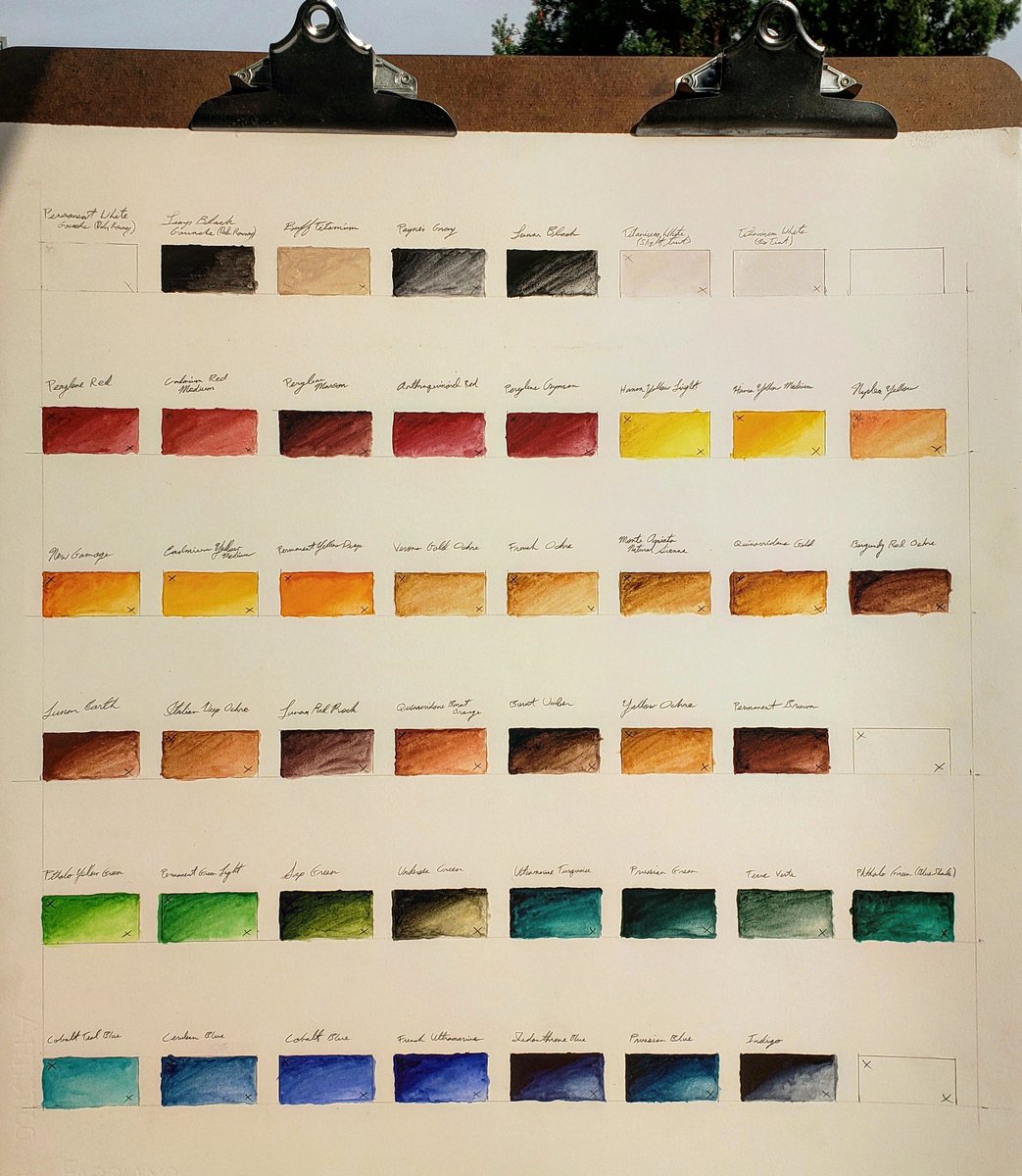 Summitdraw's tweet image. Finally took inventory of all the #danielsmith watercolors that I own. Making a color chart is a great way to see where you may have overlaps or redundancies with your palette and to truly see the hues, staining, and granulation first hand vs. relying on online imagery.