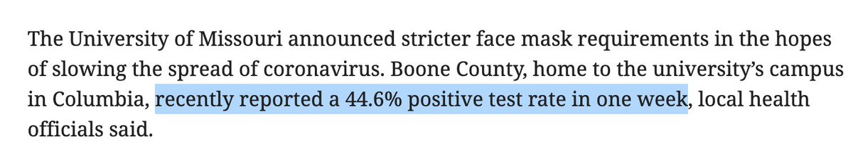 mattdpearce's tweet photo. Not sure what is more surreal -- a 44.6% positive rate for COVID in Boone County, Mo., where the University of Missouri just brought students back, or the fact that bars /restaurants/entertainment spaces are still operating indoor service at all. https://t.co/rlG2opMWOU https://t.co/xEYDRAUU8u