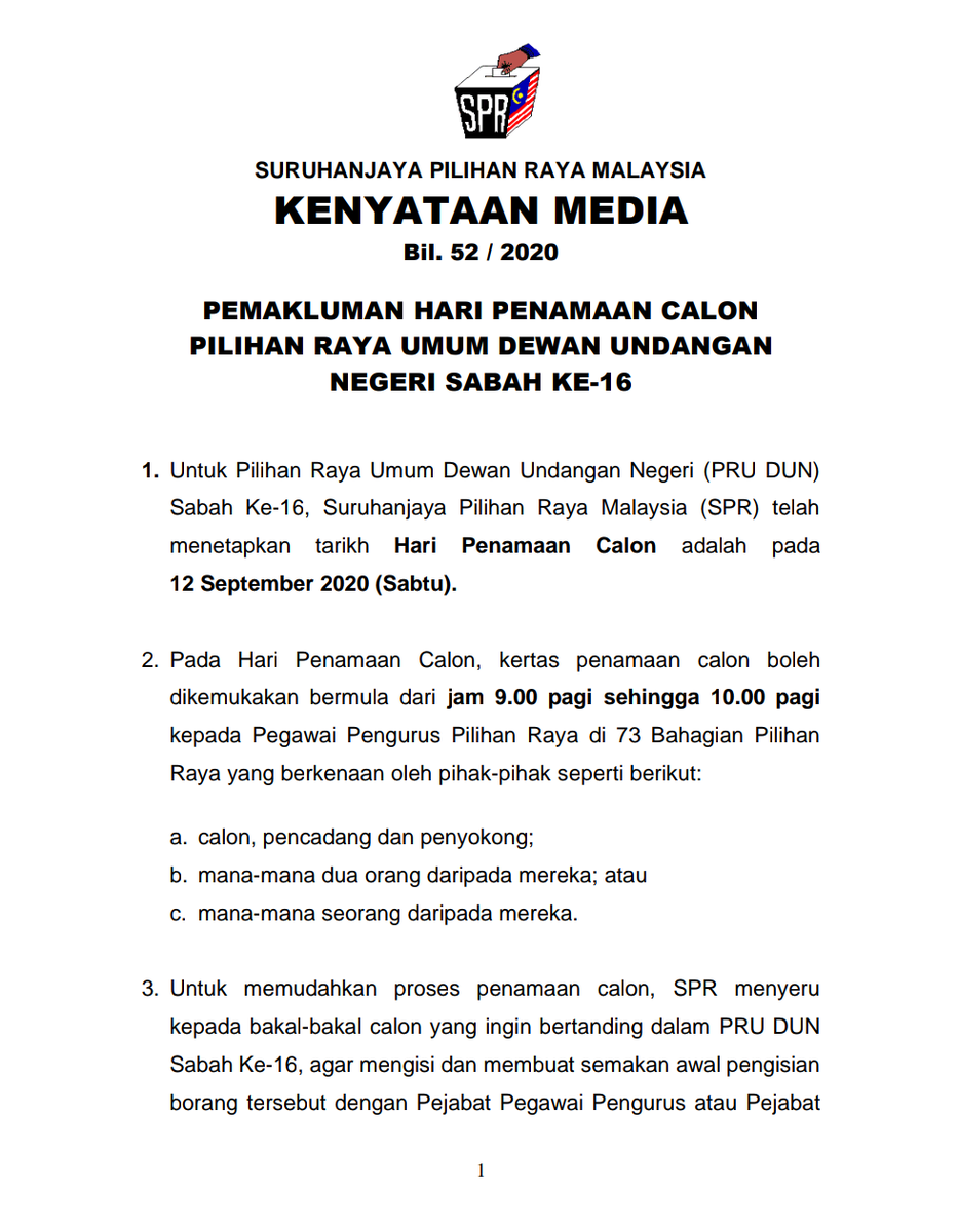 Suruhanjaya Pilihan Raya Malaysia A Twitter Kenyataan Media Pemakluman Hari Penamaan Calon Pilihan Raya Umum Dewan Undangan Negeri Sabah Ke 16