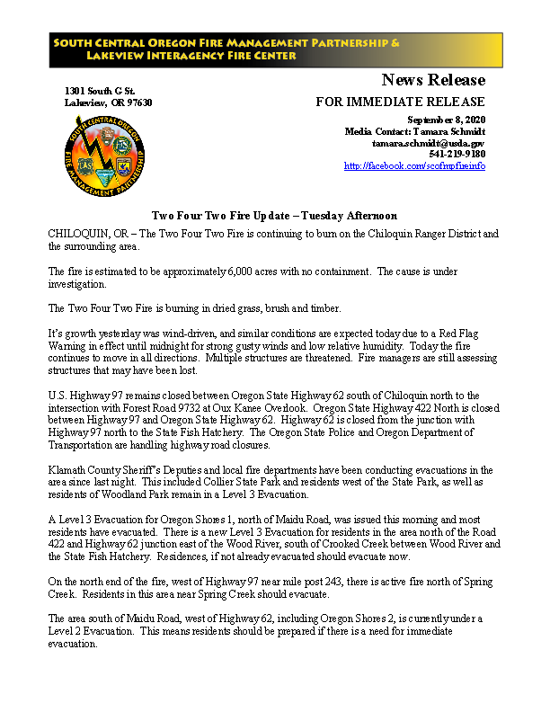 scofmpfireinfo's tweet image. UPDATE: #TwoFourTwoFire outside Chiloquin, now est. 6,000 acres, 0% contained. Wind continues to drive fire, all directions. New Level 3 - GO evac. order for residents in area N of the Rd 422 / HWY 62 junction and E of the Wood River, S of Crooked Creek.
facebook.com/SCOFMPFIREINFO…