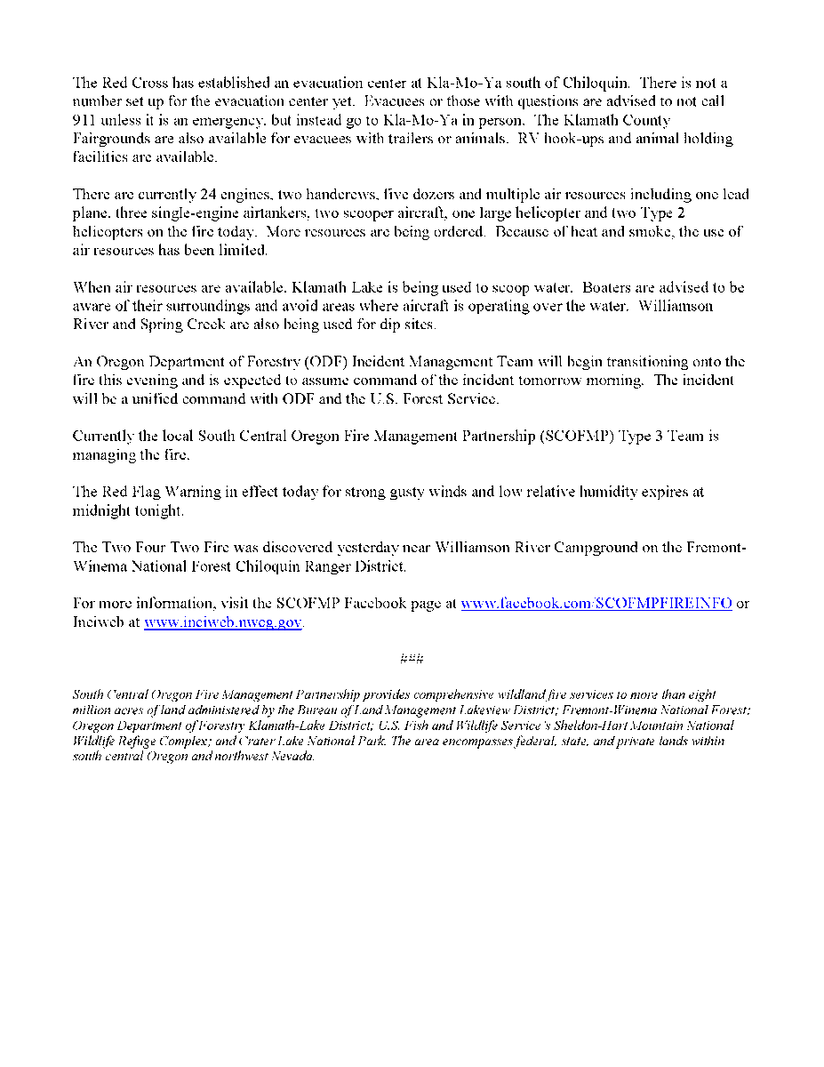 scofmpfireinfo's tweet image. UPDATE: #TwoFourTwoFire outside Chiloquin, now est. 6,000 acres, 0% contained. Wind continues to drive fire, all directions. New Level 3 - GO evac. order for residents in area N of the Rd 422 / HWY 62 junction and E of the Wood River, S of Crooked Creek.
facebook.com/SCOFMPFIREINFO…