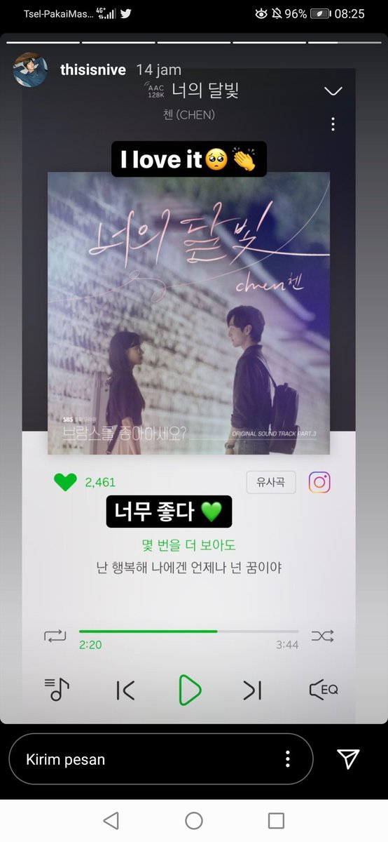 SundaeKiss0921's tweet photo. Nive, one of Jongdae's composer also a singer share IG story about Chen new OST #YourMoonlightCHEN 😇👍 https://t.co/2cEmnL0gel