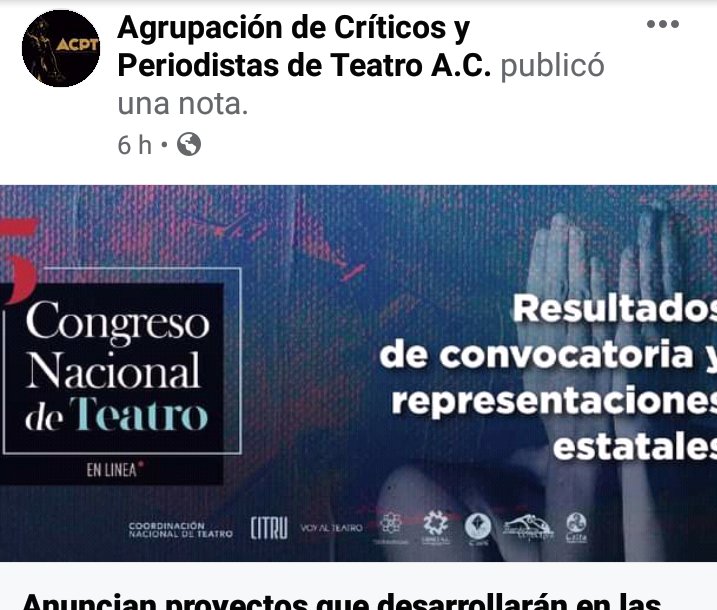 LOSACPTMX's tweet photo. #ACPT 

Anuncian proyectos que desarrollarán en las mesas de trabajo del 5º Congreso Nacional de Teatro

-El encuentro se llevará a cabo de forma virtual del 26 de septiembre al 5 de octubre

Informes ▶https://t.co/S38OTIuTX0 https://t.co/W5qXBgenSg