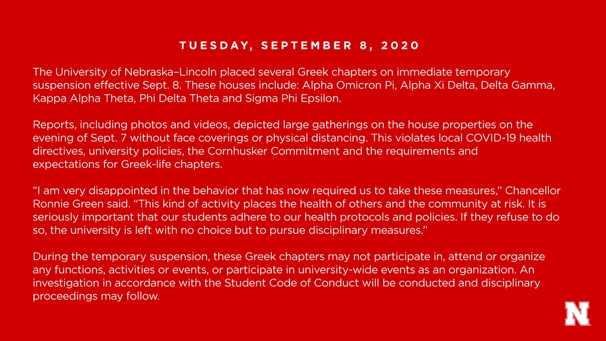 UNLincoln's tweet photo. The University of Nebraska-Lincoln placed several Greek chapters on immediate temporary suspension effective September 8. ›› https://t.co/SpZoRoklfP https://t.co/XCsTlut9Zy