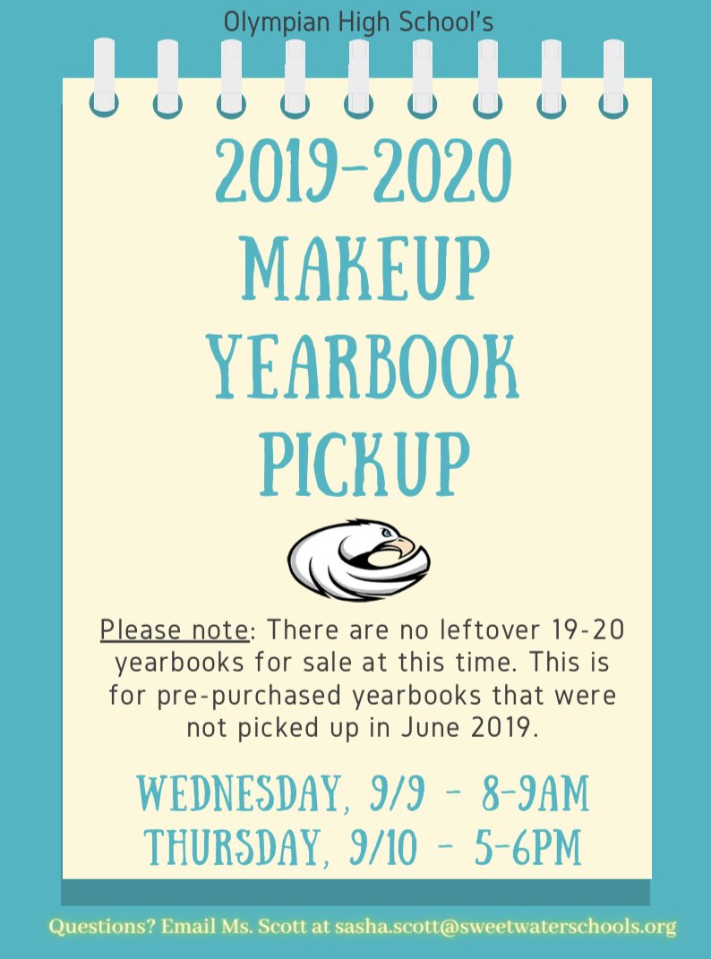 Still haven’t picked up your 2019-2020 yearbook yet? No fret! Pick it up at these times! 💛🦅