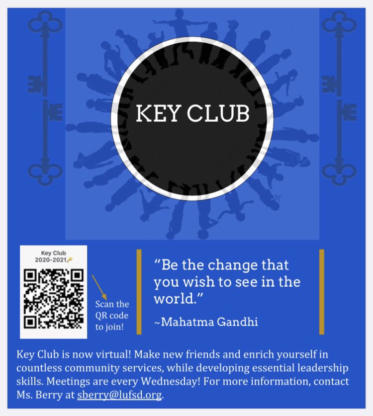 LindyKeyClub1's tweet photo. Hi everyone! Key club is going virtual to start off the 2020-2021 school year, and we want YOU to join us! Make sure to invite your friends as well! Whether you are online or in person, we hope you have a great first day 💙🔑 https://t.co/De5nYSZ7CE