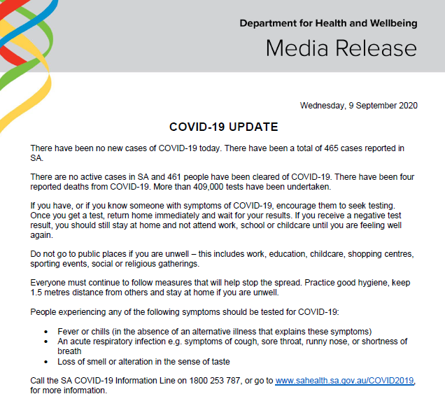 SAHealth's tweet photo. South Australian COVID-19 update 9/9/20. For more information go to https://t.co/mYnZsG7zGQ or contact the South Australian COVID-19 Information Line on 1800 253 787. https://t.co/j291hrQHi6