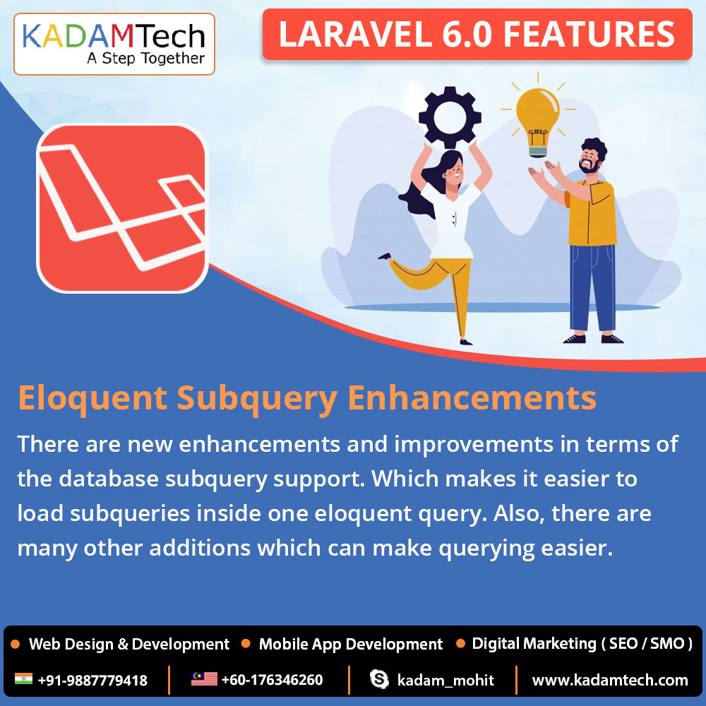 KadamTech1's tweet image. #Laravel 6.0 Features: Eloquent Subquery Enhancements
Hire dedicated #Laravel_Developers & Programmers at #KadamTechnologies: A #Web & #Mobileappdevelopment company in India.
#laraveldevelopment #webdevelopment #softwaredevelopment #mobileappdevelopment #KadamTech #India